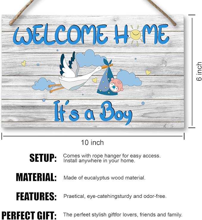 Welcome Home Newborn Baby It’s a Boy Wooden Door Sign, Baby Boy Signs for Door, Welcome Sign Décor for Front Door & Nursery, Hanging Newborn Announcement Plaque