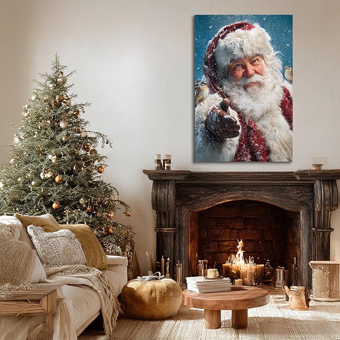 YONICA Christmas Canvas Wall Art Snowy Santa 12x18 Inch Winter Scene with Birds and Snowfall - Large Framed Gallery Wrapped Nature Theme