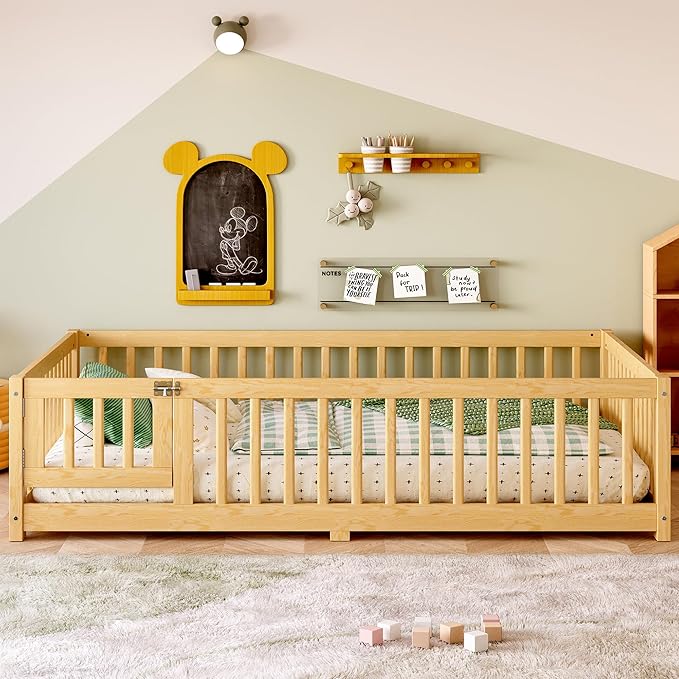 Bellemave Full Size Floor Bed with Rails for Kids, Girls, Boys, Pine,Plywood Floor Bed with slats and Door, Natural