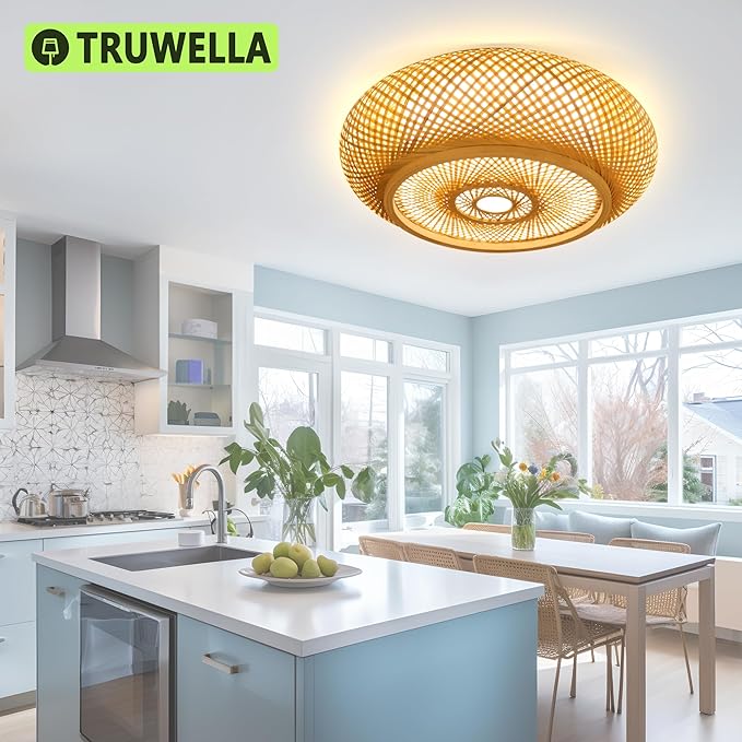 19.7 in Bamboo Woven Rattan-Style Ceiling Light, Boho Ceiling Light Fixture with Remote, LED Dimmable Ceiling Light, Boho Light Fixture for Bedroom Living Room Dining Room Light
