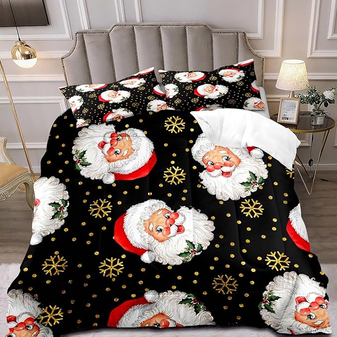 LUVIVIHOME 3PCS Merry Christmas Comforter Set King Size, Gold Snowflake Funny Cute Santa Claus Bedding, Christmas Bedroom Decor, Soft Breathable Microfiber Black Quilt, Xmas Gifts, 2 Pillow Shams