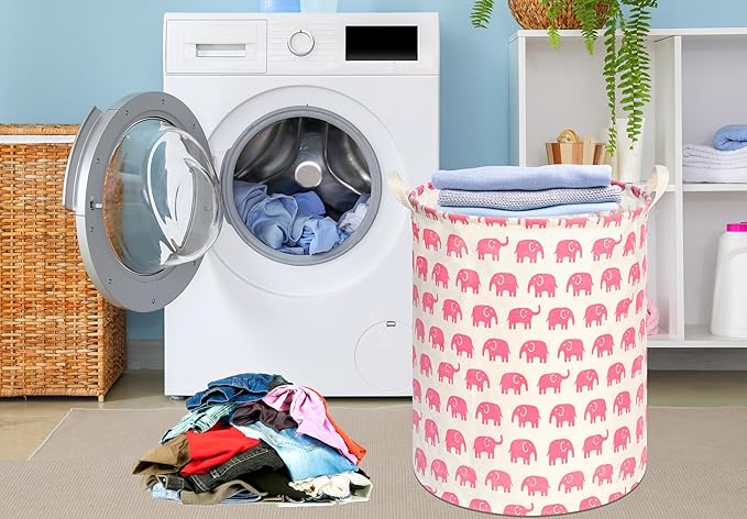 KUNRO Round Laundry Gift Basket Storage Hamper, Kids Toys and Clothes Storage Organizer Bins, Toy Shelf Basket with Handles for Room Decor (Pink Elephant)
