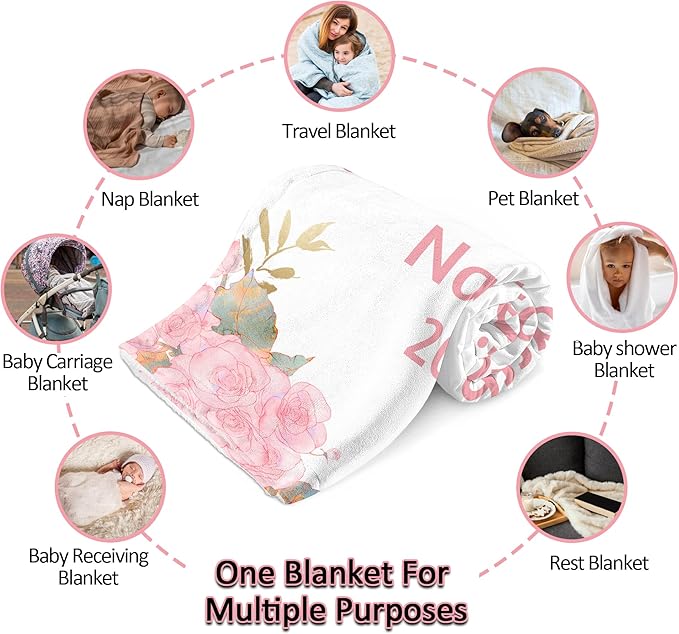 Ship Next Day, Personalized Baby Blanket For Girls, Custom Baby Receiving Blanket With Name, Newborn Swaddle Toddlers Blankets, Customized Crown Flower Kids Blankets For Babies Shower Birthday Gifts