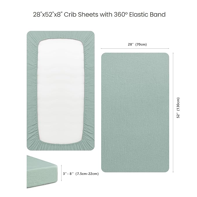 Konssy Muslin Crib Sheets for Boys, Soft Cotton Neutral Baby Sheets for Standard Crib Mattress 2 Pack, 52"x28" (Leaf,Green)