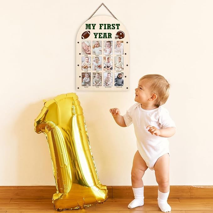 My First Year Photo Board, Football Baby's First Year Photo Frame 12 Monthly Milestone Picture Frame, Gift for Newborn Baby 1st Birthday Memories Nursery Decoration -05