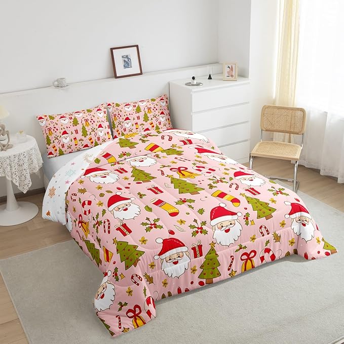 Feelyou Christmas Bedding Set for Kids Boys Girls Full Size Cute Santa Claus Comforter Set Ultra Soft Comforter Xmas Tree Duvet Quilt Bedroom Decor Berries Pattern Printed Quilt