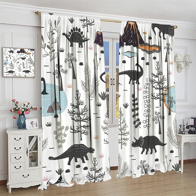 Funny Dinosaur Curtains Cute Dino Cartoon Animals Abstract Aesthetics Art Print for Kids Girls Boys Bedroom Living Room Rod Pocket Decoration Window Drapes 2 Panels W27.5xL63in