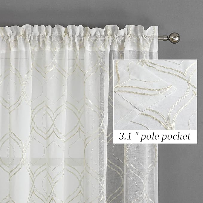 VISIONTEX White Sheer Curtains 108 Inches Long 2 Panels Set Beige Moroccan Embroidered Curtains Trellis French Textured Rod Pocket Voile Tulle Semi Window Drapes for Bedroom Living Room 54 x 108 Inch