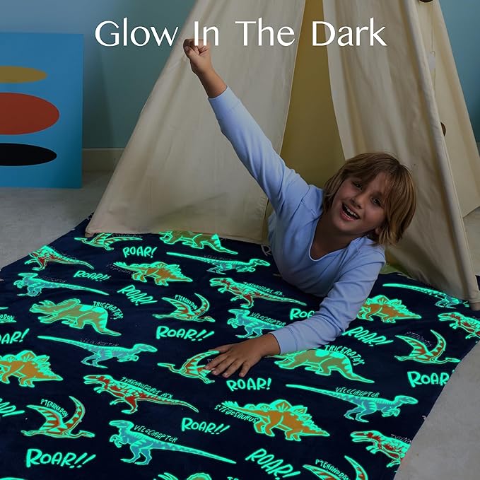 Joiedomi Glow in The Dark Blanket Dinosaur Toys for Kids 3-5 Dinosaur Gifts Toys for Age 2 3 4 5 6 7 8 9 10 11 12 Year Old, Soft Cozy Flannel Kids Throw Blanket, Birthday 40"×60"