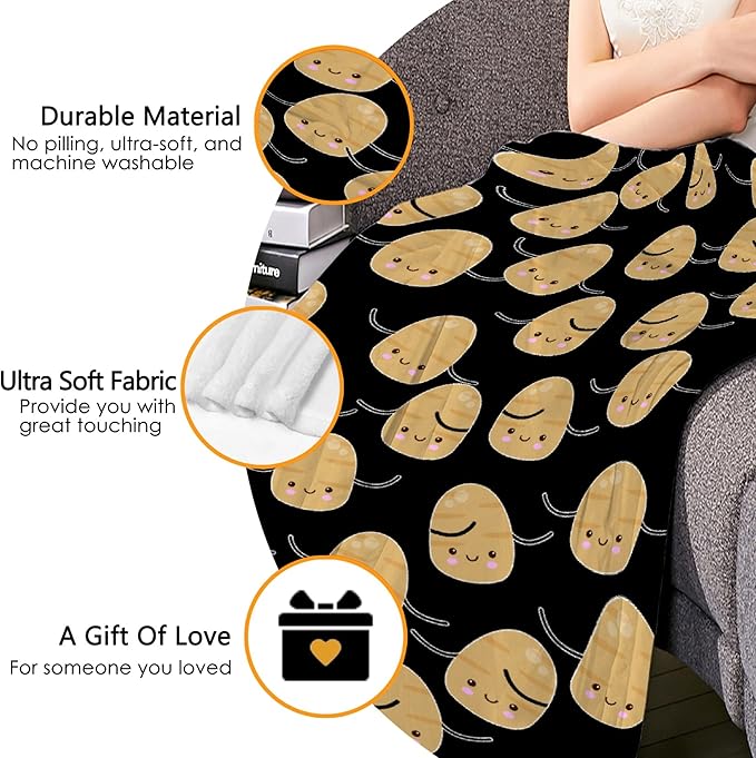 Thuswarm Cute Potato Kawaii Black Flannel Blanket Warm Cozy Soft Funny Print Throw for Bed Couch Sofa 60”×50” Medium for Teen