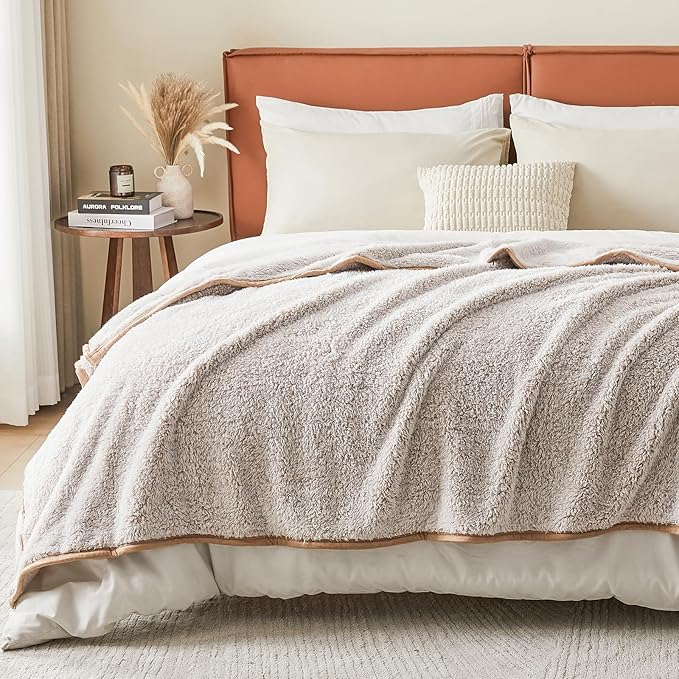 EMME Soft Sherpa Fleece Blanket Reversible Plush Fluffy Large Blanket, Light Weight Warm Decorative Boho Blanket Cover for Sofa, Couch, Bedroom,Travel(Plush Khaki,90"x90")