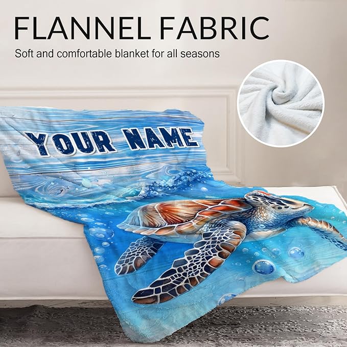 Personalized Sea Turtle Throw Blanket - 40" x 50" Inches Cartoon Blanket Gifts for Girls Boys - Blue Soft Cozy Throws for Sofa, Crib & Bed