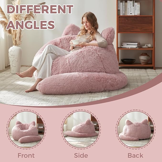 Bean Bag Chair for Adults Teen,Giant Bean Bag Chairs Cat Design,Plush Faux Fur Beanbag Couch Comfy Accent Floor Sofa for Reading, Playing, Relaxing in Living Room, Bedroom