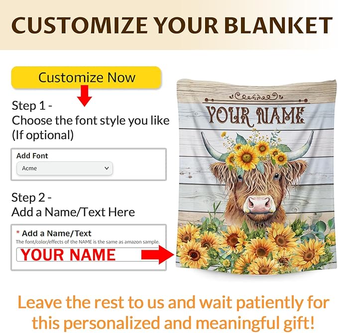 Personalized Blanket Gifts for Women Girls - 60x50 Inches Cute Highland Cow Throw Blanket for Kids Teens Adults - Yellow Soft Flannel Vintage Blankets for Bed Couch Travel