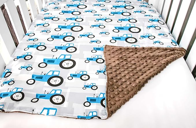 Top Tots Baby Blanket - Tractor with Brown Minky Dot, 38.5 x 29 Inch Blue & Grey