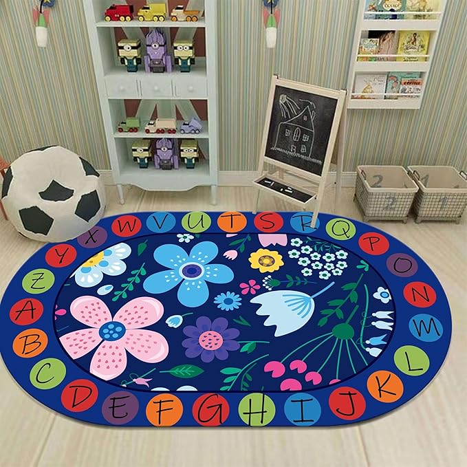 Kids Educational Oval Rug, 4x5ft, ABC Alphabet Learning Play Mat, Cute Colorful Flowers Plants Designs Rugs, Non-Slip Washable Carpet for Bedside Boys Girls Teens Room Nursery Decor Floor Mat