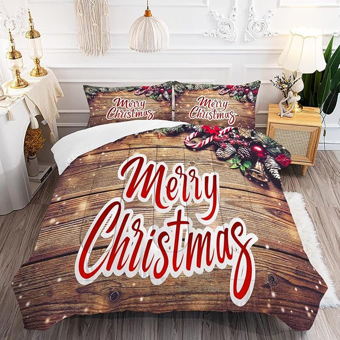 Christmas Comforter Set King: Christmas Wood Grain Bedding Sets Festival Gift Xmas for Girls Women Teens Bedroom Quilt Set 1 Comforter & 2 Pillowcases