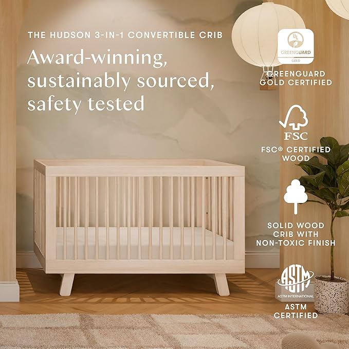 Babyletto Hudson 3-in-1 Convertible Baby Crib - GREENGUARD Gold Certified - Convertible Crib to Toddler Bed and Daybed - Baby Bed with 4 Adjustable Heights - Wooden Crib - Washed Natural