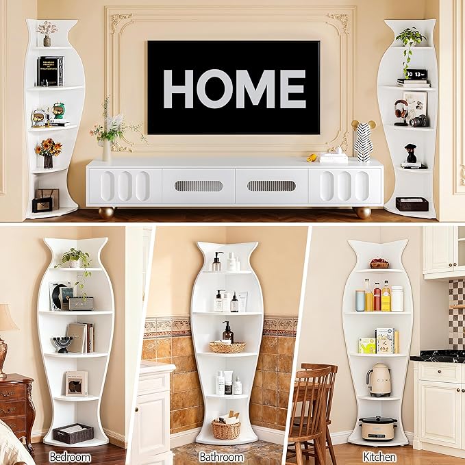 Small Corner Shelf, 5-Tier Vase-Shaped Bookcase Organizer for Living Room Decor, Bedroom, and Office, Modern Freestanding Corner Bookshelf for Storage and Display, Vases Home Decor Accent