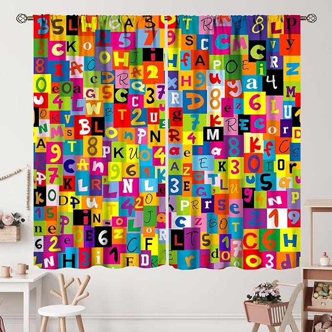 ABC Alphabet Curtains Colorful Art Patchwork Alphabet Graffiti Cartoon Print Curtain with Rod Pocket for Bedroom Living Room Home Decor Drapes Window Treatments 2 Panels Set 63" W X 72" L