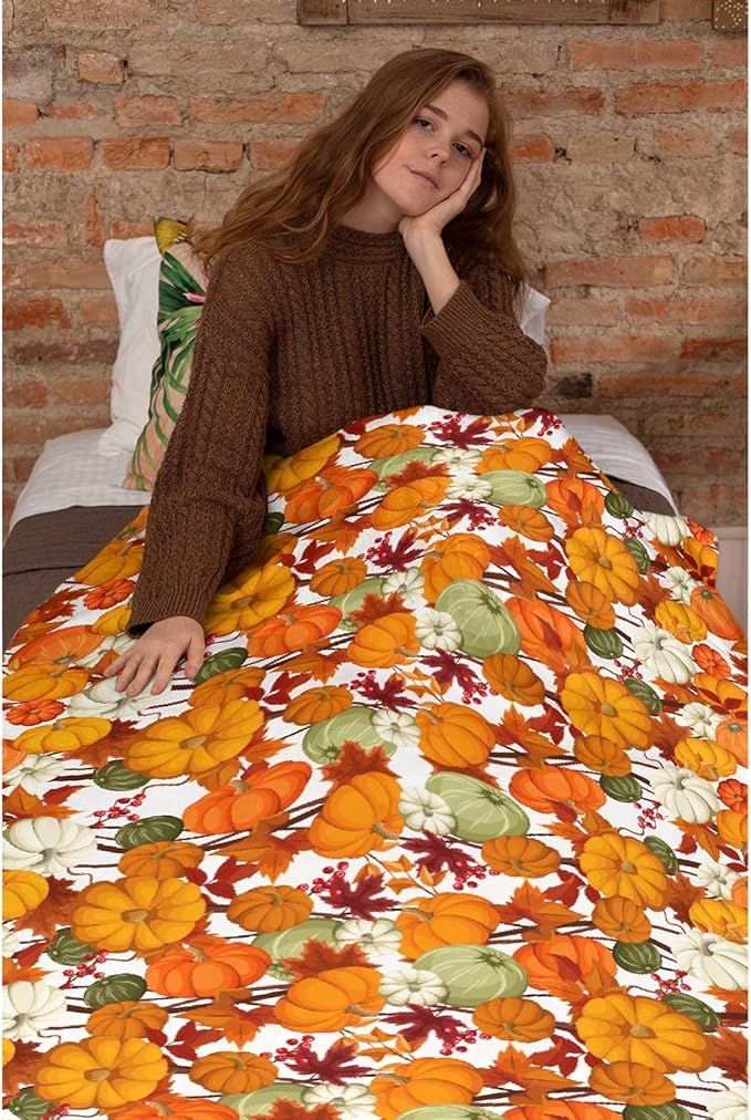 Thuswarm Autumn Harvest Pumpkins Print Flannel Blanket for Autumn Winter Gifts Warm Cozy Soft Funny Print Throw for Bed Couch Sofa 60”×50” Medium for Teen