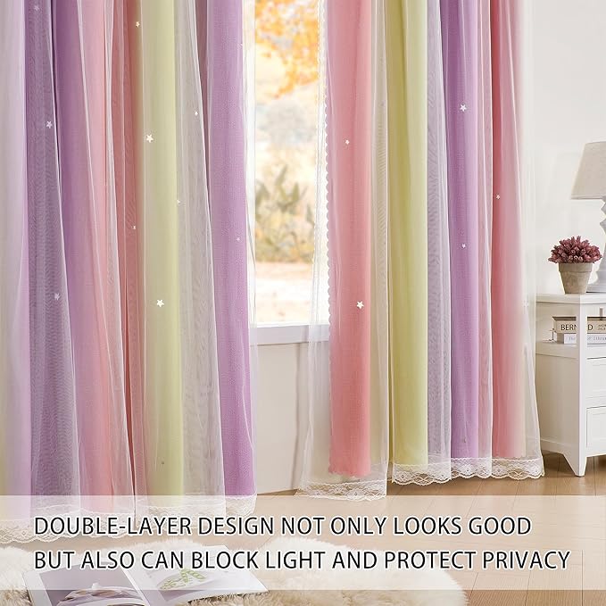 XiDi Girls Curtains for Bedroom 96 Inches Long 2 Panels Pink Yellow Purple Rainbow Blackout Curtains for Little Girl Kids Room Decor Living Room, Princess Unicorn Wall Decals Grommet Drapes 52x96