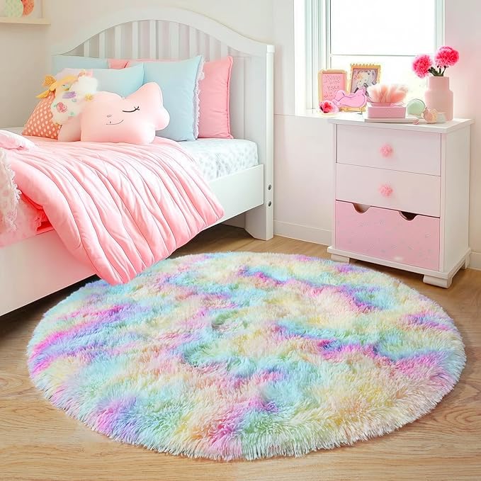 4'x4' Rainbow Round Rugs for Girls Bedroom, Ultra Soft Fluffy Circle Rug for Kids Room, Cute Shag Rugs for Living Room Playroom Tent Castle Home Decor Rug