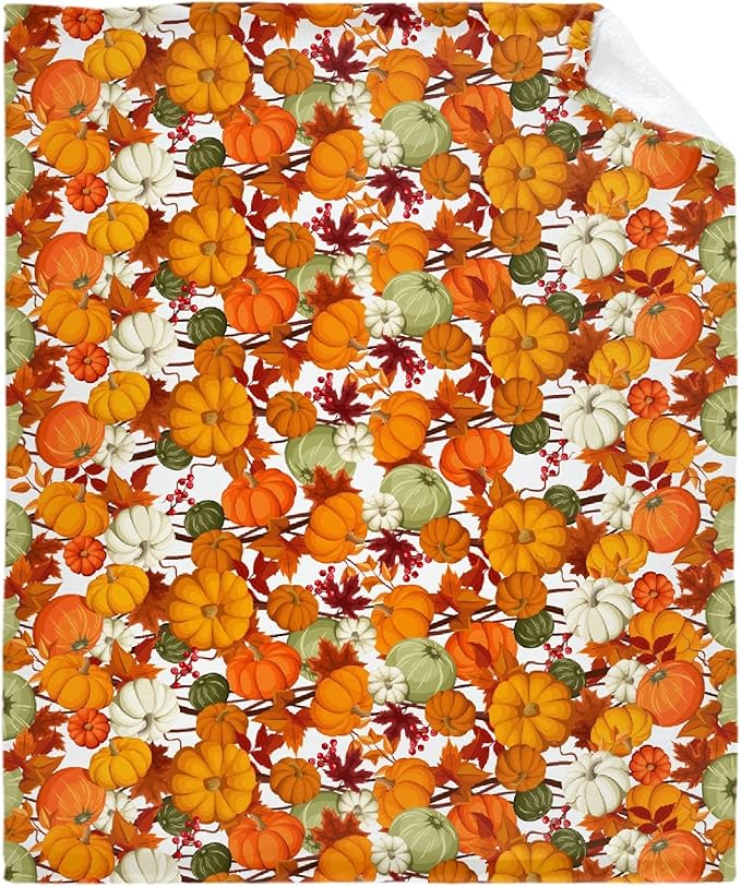 Thuswarm Autumn Harvest Pumpkins Print Flannel Blanket for Autumn Winter Gifts Warm Cozy Soft Funny Print Throw for Bed Couch Sofa 80”×60” Large for Adult