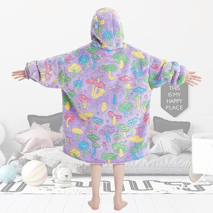 Fiosnow Glow in the Dark Mushroom Blanket Hoodies for Kids 6-13YR Oversize Wearable Blanket Hoodies for Boys Girls Teens