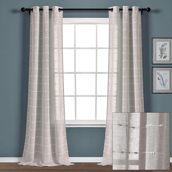 Lush Decor Farmhouse Textured Grommet Sheer Window Curtain Panel Pair, 38"W x 95"L, Gray