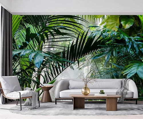 -Rainforest Leaves Fabric Wallpaper Green Trees Mural Bedroom 180" x 115" (Not Peel and Stick)