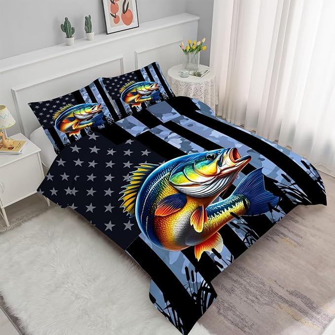 Camouflage Fisherman Comforter Set Twin Size Bedding Set for Men Boys Teens Grey Fishing Lover Bedroom Farmhouse American Flag Bed Set Wild Quilted,1 Comforter 1 Pillowcase