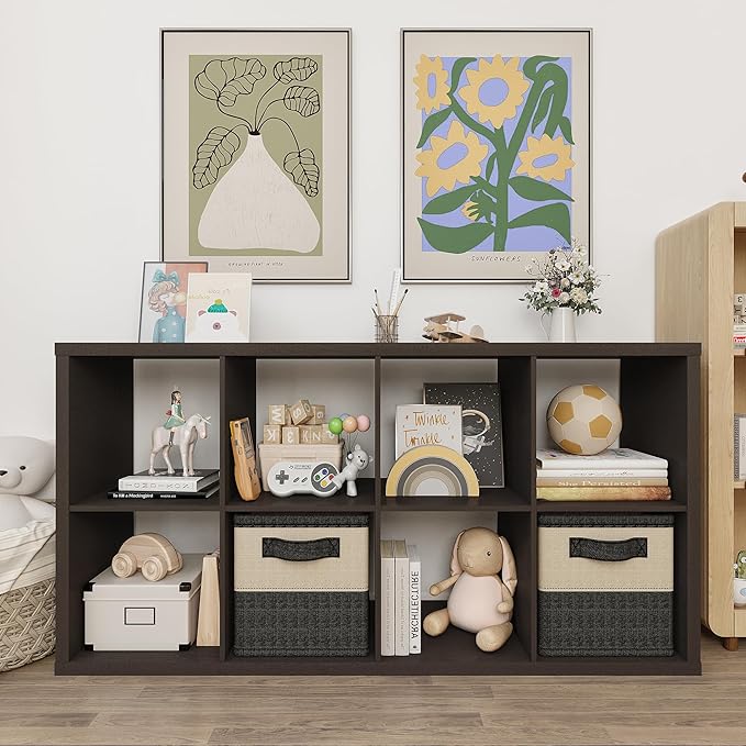 14.6" x 30" x 57.9" Eight Cubes Storage Shelf, Wooden Cube Storage Organizer with 8 Cubbies, 8 Cubbies Shelf for Bedroom, Office, Living Room, Playroom, Dark Brown