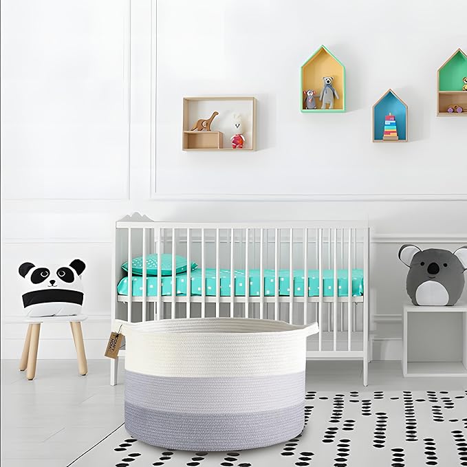 COMFY-HOMI XXXL Large Laundry Basket, Cotton Rope Nursery Woven Basket for Storage, Blanket Baskets Living Room Laundry Hamper, Dog Toy Storage Organizer, Home Decor-21''x21''x13.6''-White and Grey