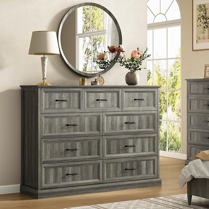 CARPETNAL Farmhouse Dresser and Nightstand Sets for Bedroom, 3 Pcs Bedroom Set, 9 Drawer Dresser & Nightstand Set of 2, Modern Wood Chest of Drawers for Bedroom, Living Room, Entryway, Grey