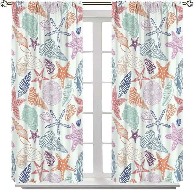 Coastal Nautical Curtains,Colorful Starfish Seashell Beach Sea Starfish Seashell Theme Pattern Blackout Print Home Bedroom Living Room Window Treatmen 2 Panel Set 84x84 Inch