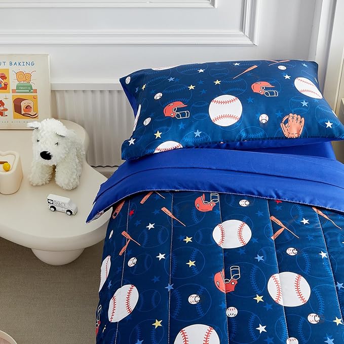 4 Pieces Baseball Toddler Bedding Set for Boys Gilrs Navy Blue White Stars Toddler Bed Set with Baseball Bat Cap Gloves Cute Toddler Bed in a Bag with Navy Blue Sheet Set and Pillow Shams