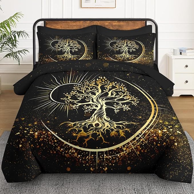 5 Pcs Twin Size Comforter Set with Pillowcase & Sham, Black Sun and Moon Bedding for Kids and Adults, Nature Tree of Life Bed in a Bag with Flat Fitted Sheet