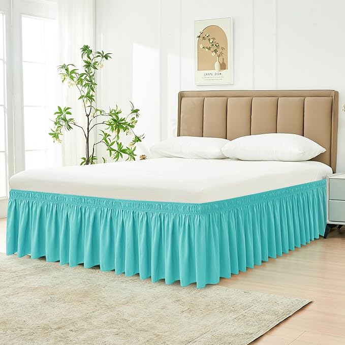 Biscaynebay Wrap Around Bed Skirts for Full & Full XL Beds with 15" Drop, Aqua Adjustable Elastic Dust Ruffles Easy Fit Wrinkle & Fade Resistant Silky Luxurious Fabric Machine Washable