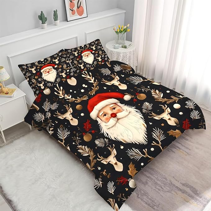 Black Christmas Comforter Set King Size Santa Claus Bedding for Girls Teen Women Xmas Reindeer Holiday Bedroom Quilt Bed Sets, 1 Comforter 2 Pillowcases