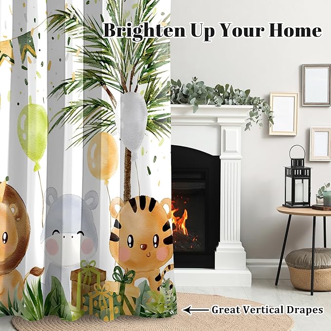 Renaiss 52 x 84 Inch Rainforest Safari Animal Curtains African Jungle Tropical Lions Tigers Elephants Giraffes Palm Trees Pattern Polyester Fabric Grommet Window Drapes for Nursery Bedroom 2 Panels