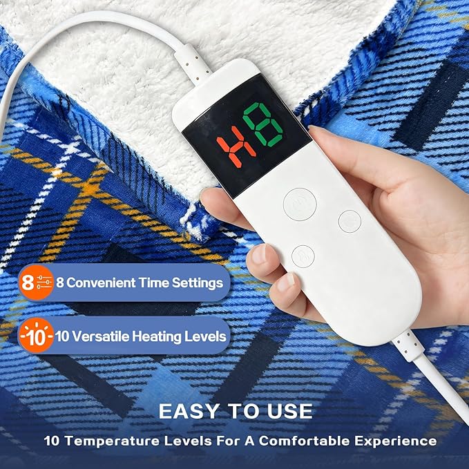 Electric Blanket Heated Throw, Soft Flannel 50"x60" Plaid Heating Blanket with 8 Hours Auto Off 10 Fast Heating Levels Machine Washable Sherpa Heated Blanket with Overheating Protection