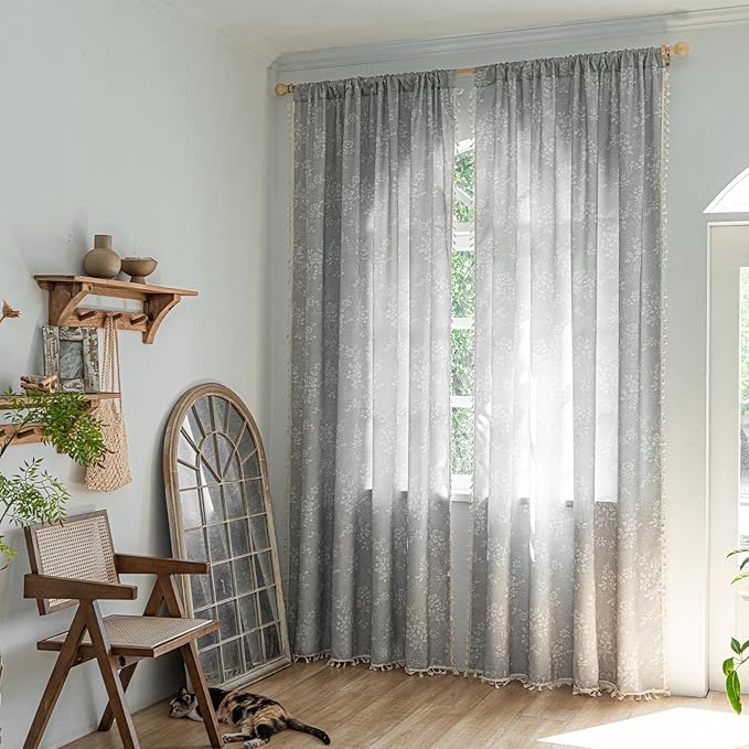 ENJOYBRIDAL Floral Curtains 96 Inches Long Grey Light Filtering Drapes Rod Pocket Bedroom Living Room Semi Sheer Window Curtains 2 Panel Sets Farmhouse Boho Cute Window Treatments