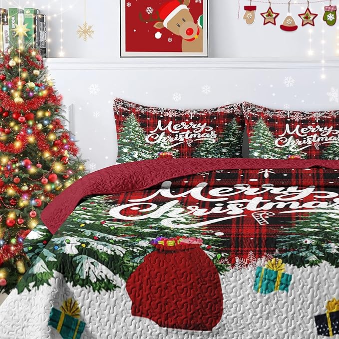 Christmas Full/Queen Size Quilt Set, Green Cartoon Trees Lightweight Bedspread Coverlet with Pillow Shams for Kids and Adults, Black Red Plaid 3 Pcs Bedding Bed Cover