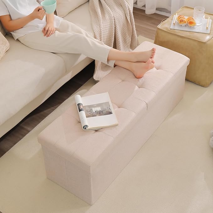 CUYOCA 45.3 Inches Storage Ottoman Bench Foldable Seat Footrest Shoe Bench End of Bed Storage with Flipping Lid, 166L Storage Space, Linen Fabric Brown