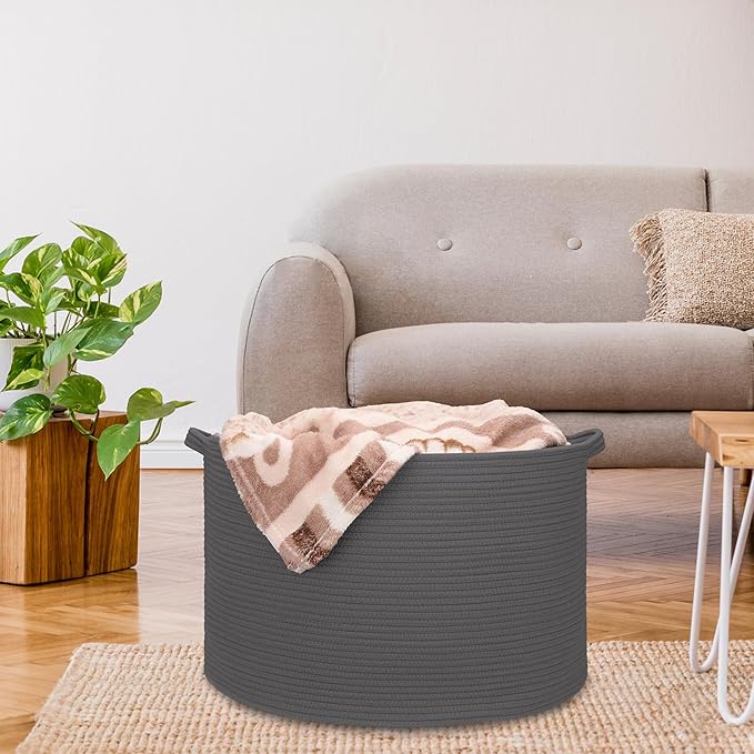 Extra Large Blanket Basket 87L, Laundry Hamper, Baby Nursery Hamper for Storage Toys Clothes Towels, Large Cotton Rope Laundry Basket for Girls Boys, 22”x 14”, Dark Gray