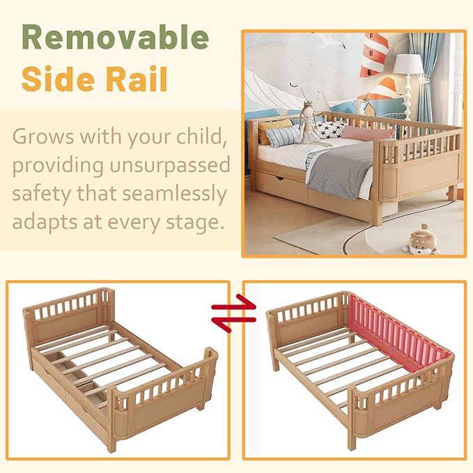 Twin Kids Bed with Storage Drawers & Rails, Wood Low Montessori Beds with Detachable Side Rails & Slats, Modern Daybed for Boys Girls Bedroom, Kids Twin Platform Bed, Natural