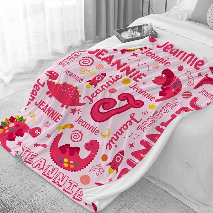 Dinosaur Lover Astronaut Personalized Blanket with Name Custom Pink Dinosaur with Name Flannel Blanket Soft Throw Meaningful Gift for Toddlers Girls Boys Kids Pets 80 * 60" L for Adult