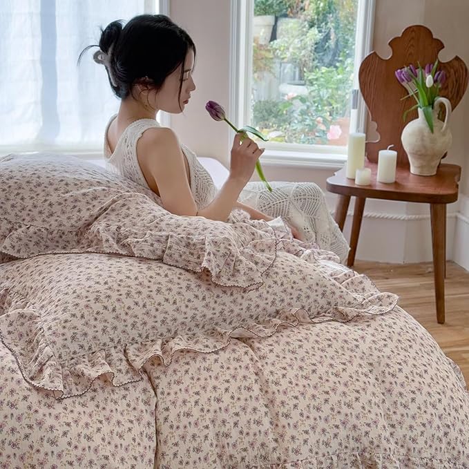 BuLuTu Purple Floral Kids Teens Duvet Cover Full, Cotton Muslin Quilt Cover Chic Cottage Bedding Ruffles Comforter Covers with Zipper Closure, No Pillow Cases, Soft Breathable