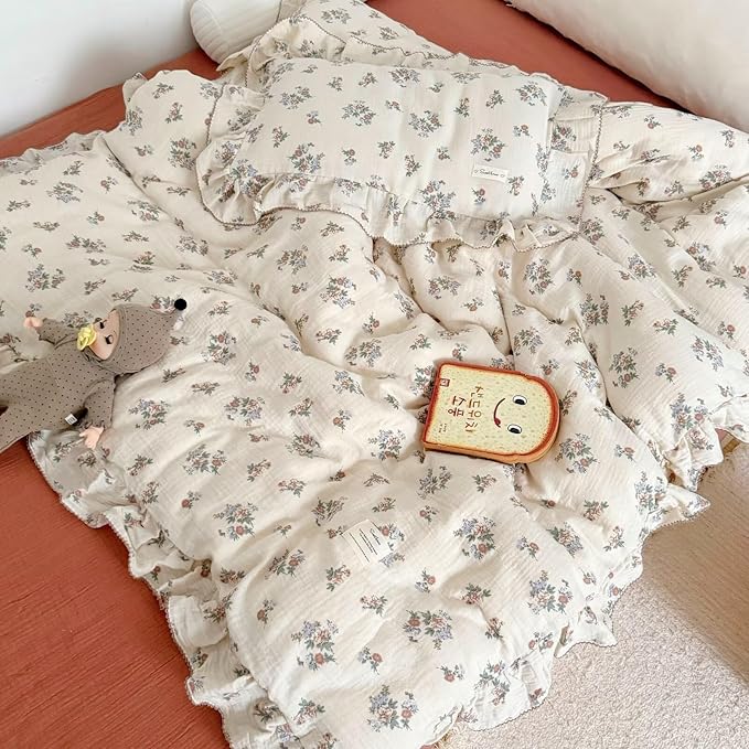 BuLuTu Muslin Floral Duvet Cover for Toddler Girls, Chic Shabby Aesthetic Kids Duvet Covers with Ruffles, All Seasons Gauze Cotton Toddler Bed Comforter Cover with Zipper, 47"x59", No Pillowcases